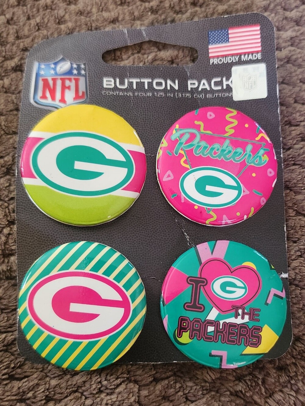 NFL Green Bay Packers Pink & Teal Button Pack - 4 Decorative Fan Buttons